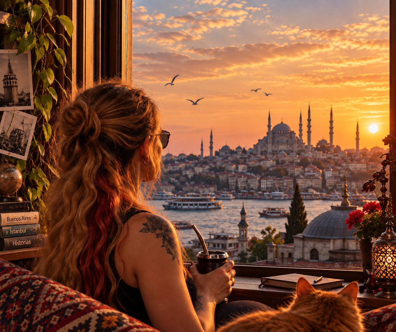 Vista de Estambul al atardecer desde una ventana, con una mujer tomando mate y el Bósforo al fondo